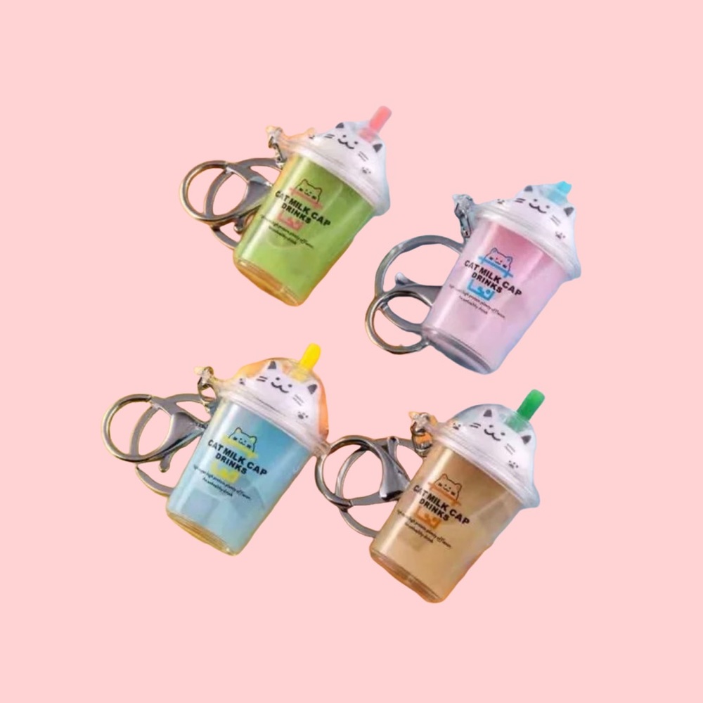Cat in boba milk tea cup key chain